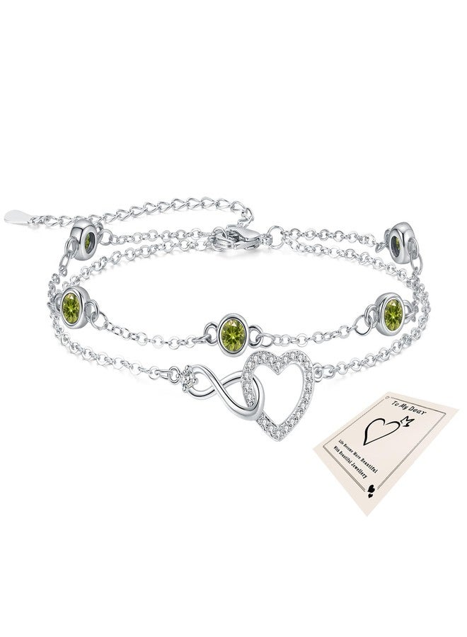 Sfoni Silver Bracelet for Women, Infinity Heart Bracelet with Cubic Zirconia Adjustable Layered Bracelets Forever Love Jewelry Gift for Mom Wife Girlfriend Friend Birthday Wedding Bride, Peridot - Image 1
